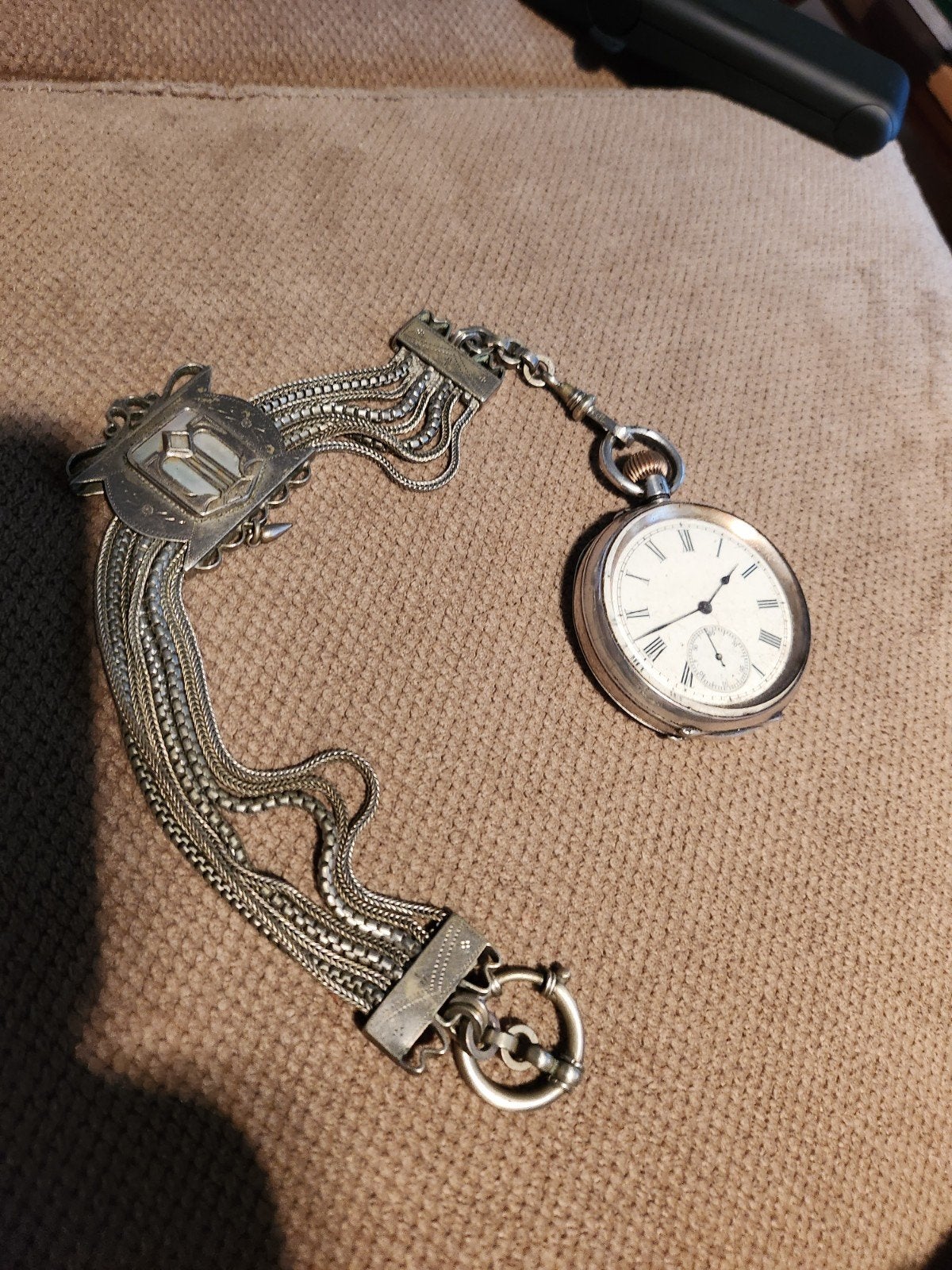 Antiek zilveren zakhorloge met ketting - C955 keurmerk, Ophalen of Verzenden