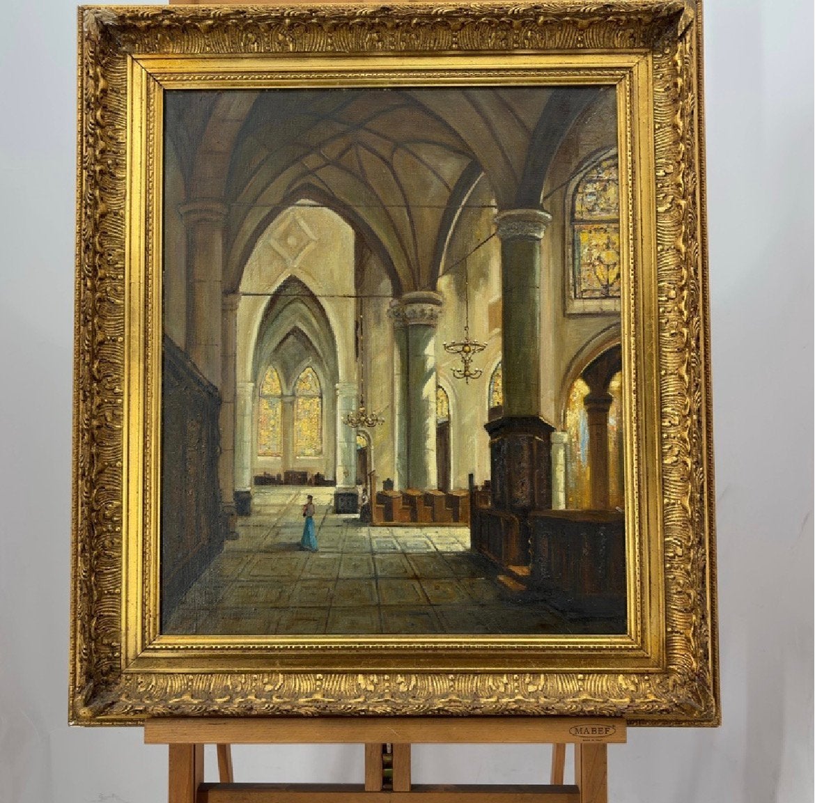 Antiek schilderij “Kerkinterieur” - gesigneerd, doek, Ophalen, Doek, Bijzondere lijst, Olieverf
