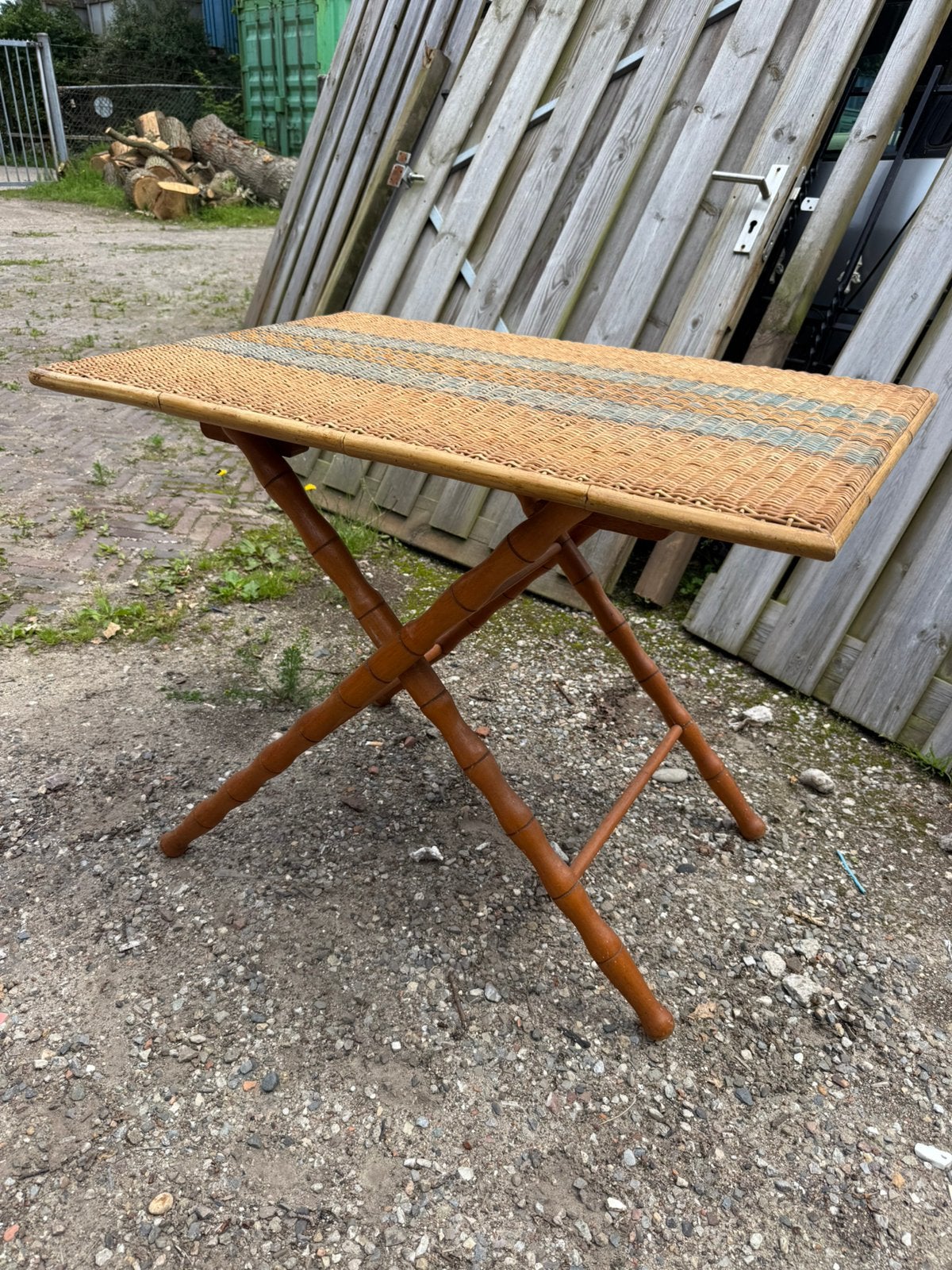 Antieke franse rotan tafel met bamboe poten - inklapbaar, Ophalen, Frans, Zo goed als nieuw, X