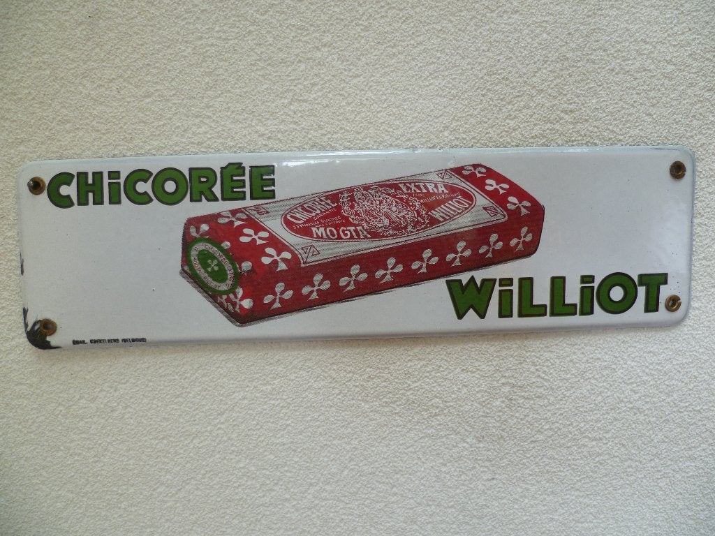 EMAILLE RECLAMEBORDJE"CHICOREE WILLIOT"UIT JAREN 30, Ophalen of Verzenden, Gebruikt, Reclamebord