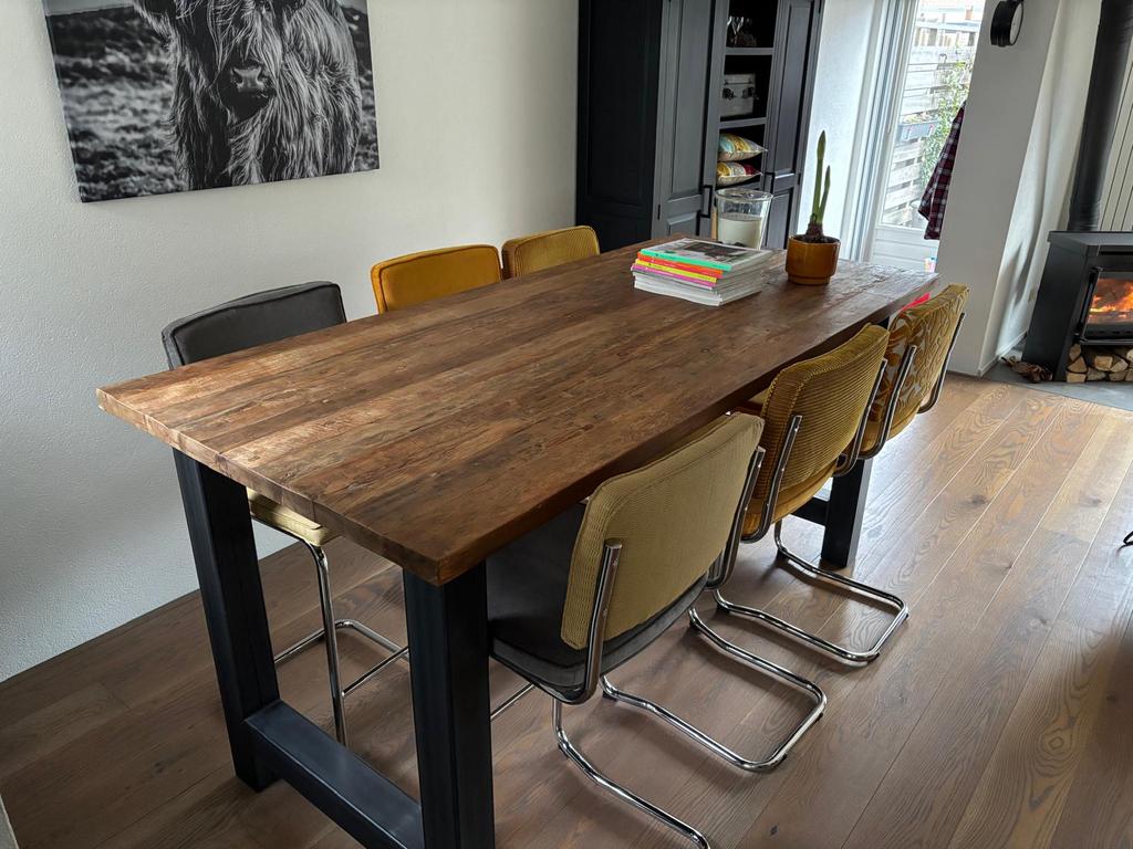 Hoge eethoek te koop!, Huis en Inrichting, Tafels | Eettafels, Ophalen, Landelijk modern, Teakhout, 200 cm of meer