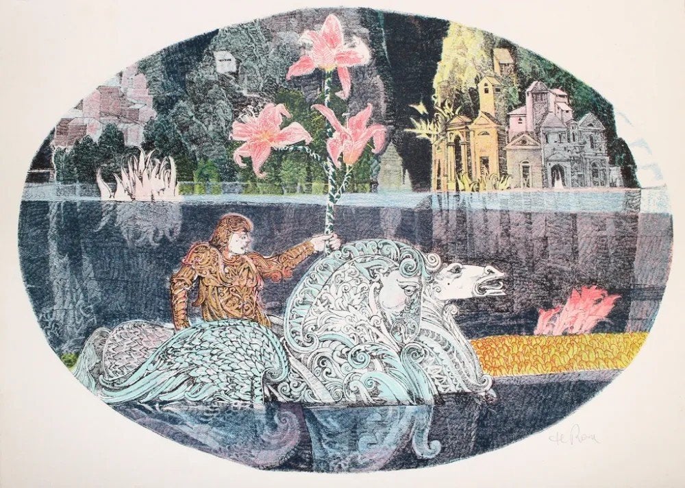 Raffaele De Rosa Kleurenlithografie 'Cavaliere' 1973., Ophalen of Verzenden