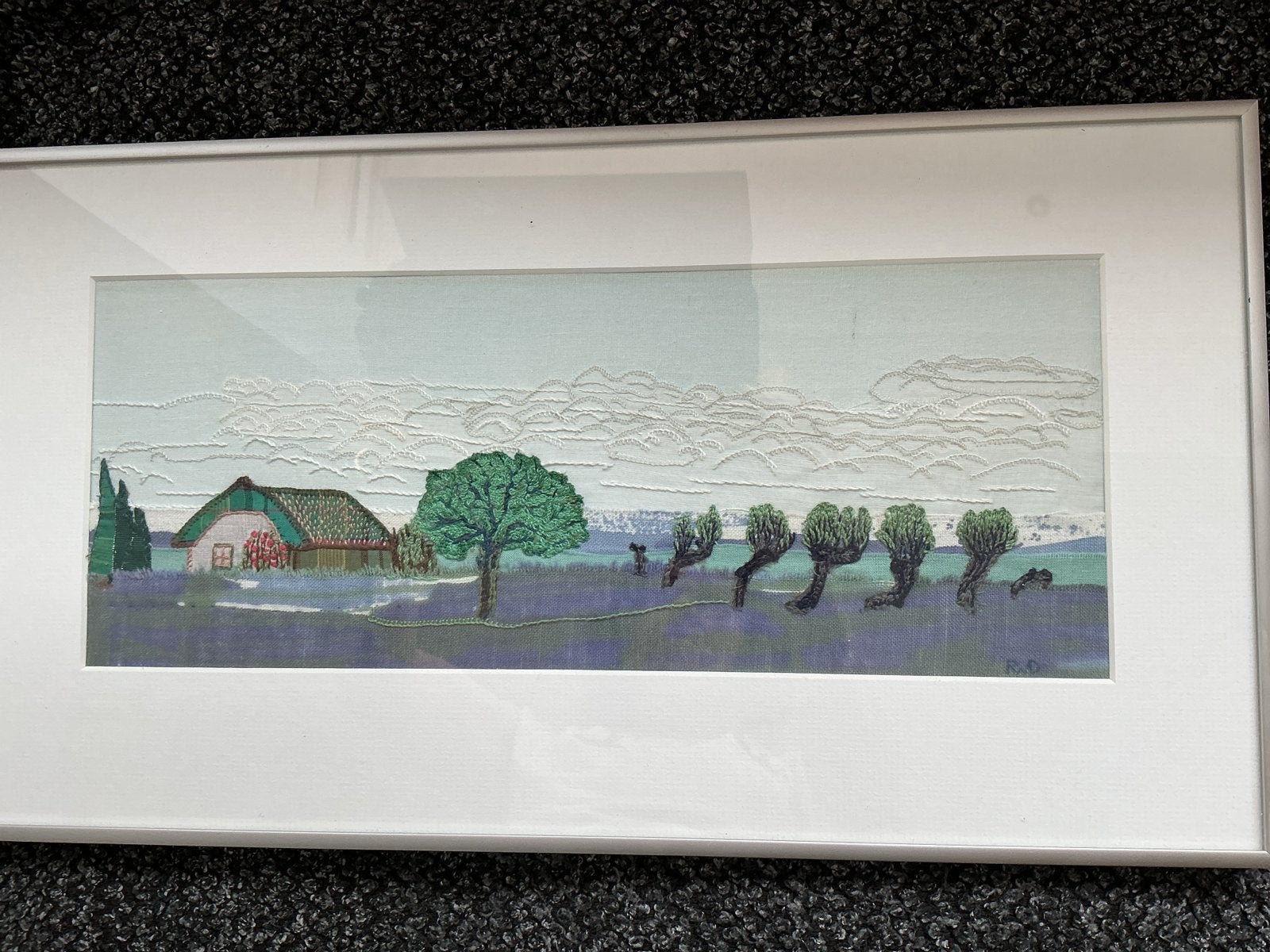 Handgemaakt textielkunstwerk huis en bomen, 24x44 cm, Ophalen, Overige stijlen, Doek, Overige technieken