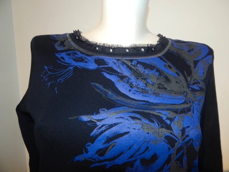 Marccain prachtig truitje paarse print bloem zijde randje N4, Kleding | Dames, T-shirts, Maat 38/40 (M), Zo goed als nieuw, Lange mouw