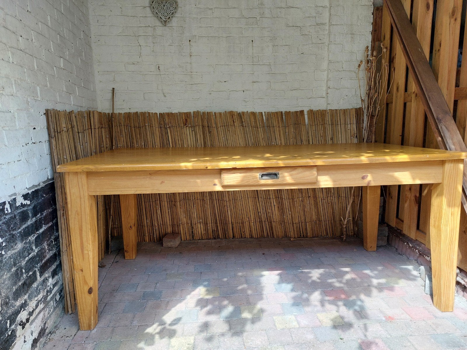 grenen eettafel met lade,  lxbxh: 180x88x76, Ophalen, Gebruikt, 50 tot 100 cm, 150 tot 200 cm