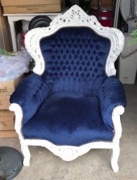 Barokke Troonstoel - Blauw Fluweel & Wit Houtsnijwerk, Ophalen