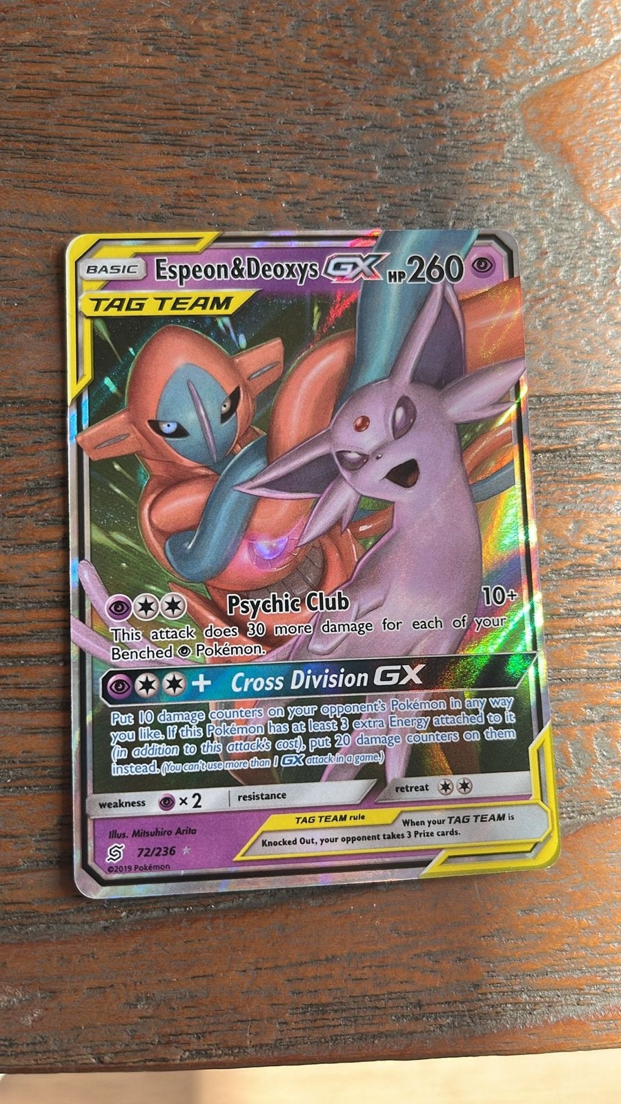 Espeon & Deoxys GX TAG TEAM Pokémon Kaart (72/236), Ophalen of Verzenden, Zo goed als nieuw, Losse kaart, Foil