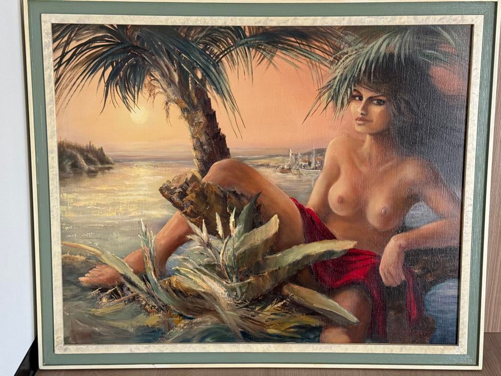 Schilderij: Tropisch landschap met vrouw en palmboom, Ophalen of Verzenden