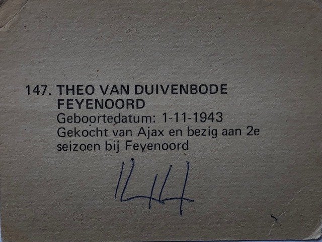 Voetbalplaatje Feyenoord  Theo van Duivenbode Monty Gum, Verzamelen, Ophalen of Verzenden, Gebruikt, Feyenoord, Spelerskaart