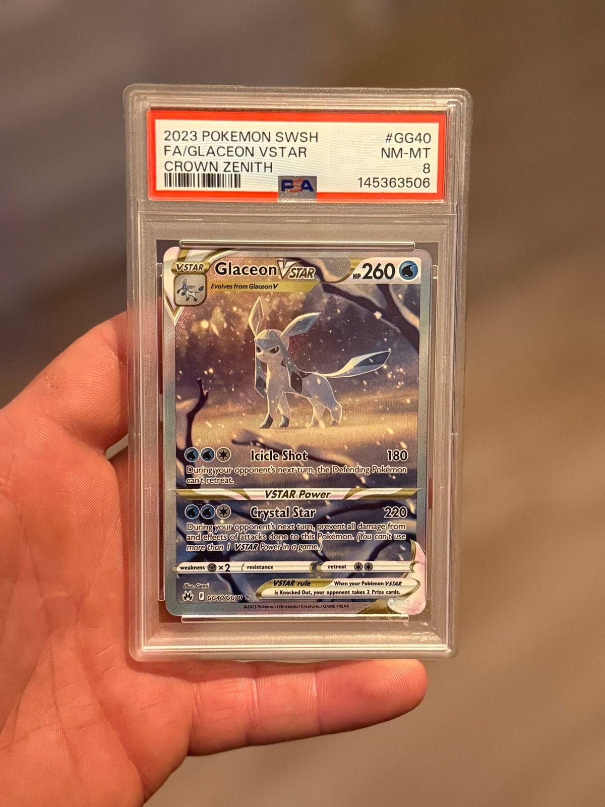 PSA 8 Glaceon VSTAR GG40 Crown Zenith Pokémon Kaart, Ophalen of Verzenden, Zo goed als nieuw, Losse kaart, Foil