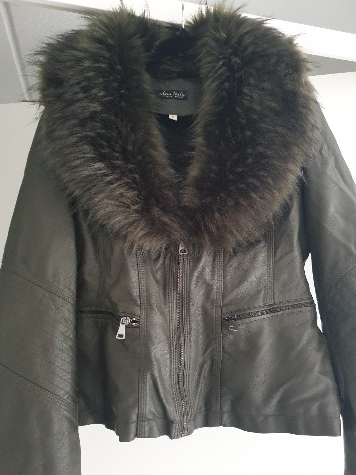Bikerjack lederlook met bontkraag - Ama Italy - Maat XL, Maat 46/48 (XL) of groter, Ophalen of Verzenden, Gedragen, Groen
