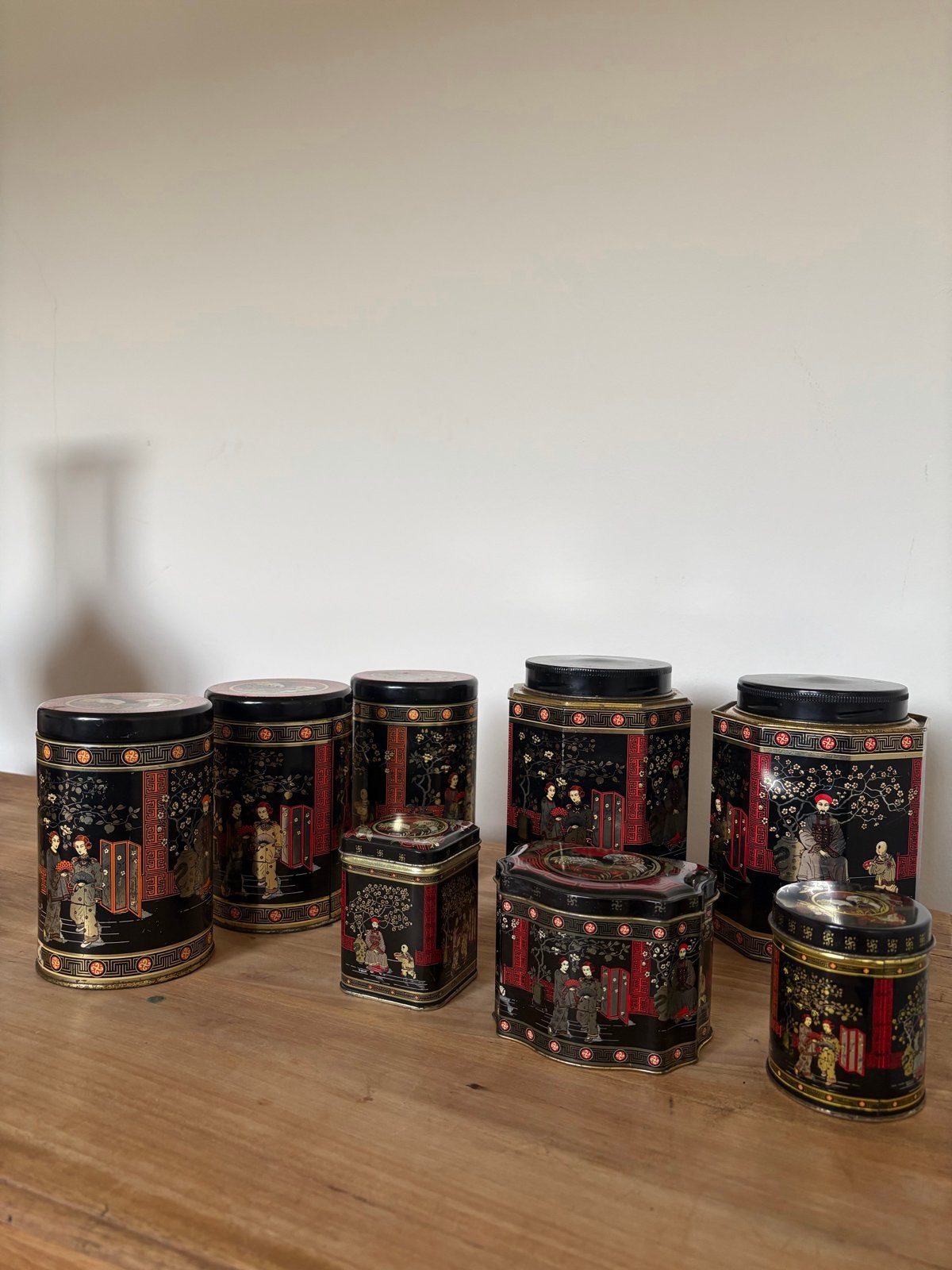 Set van 8 Vintage Chinese Lakwerk Blikken met Deksel, Ophalen