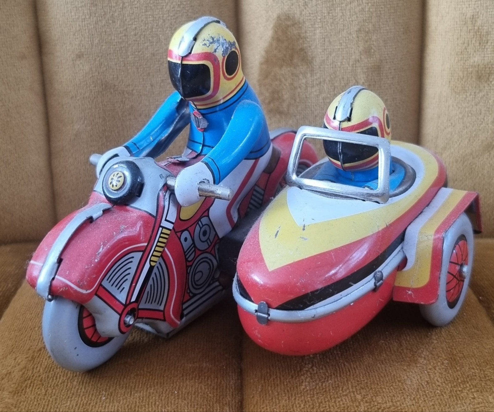 vintage opwindbare blikken motorfiets met zijspan, Ophalen of Verzenden
