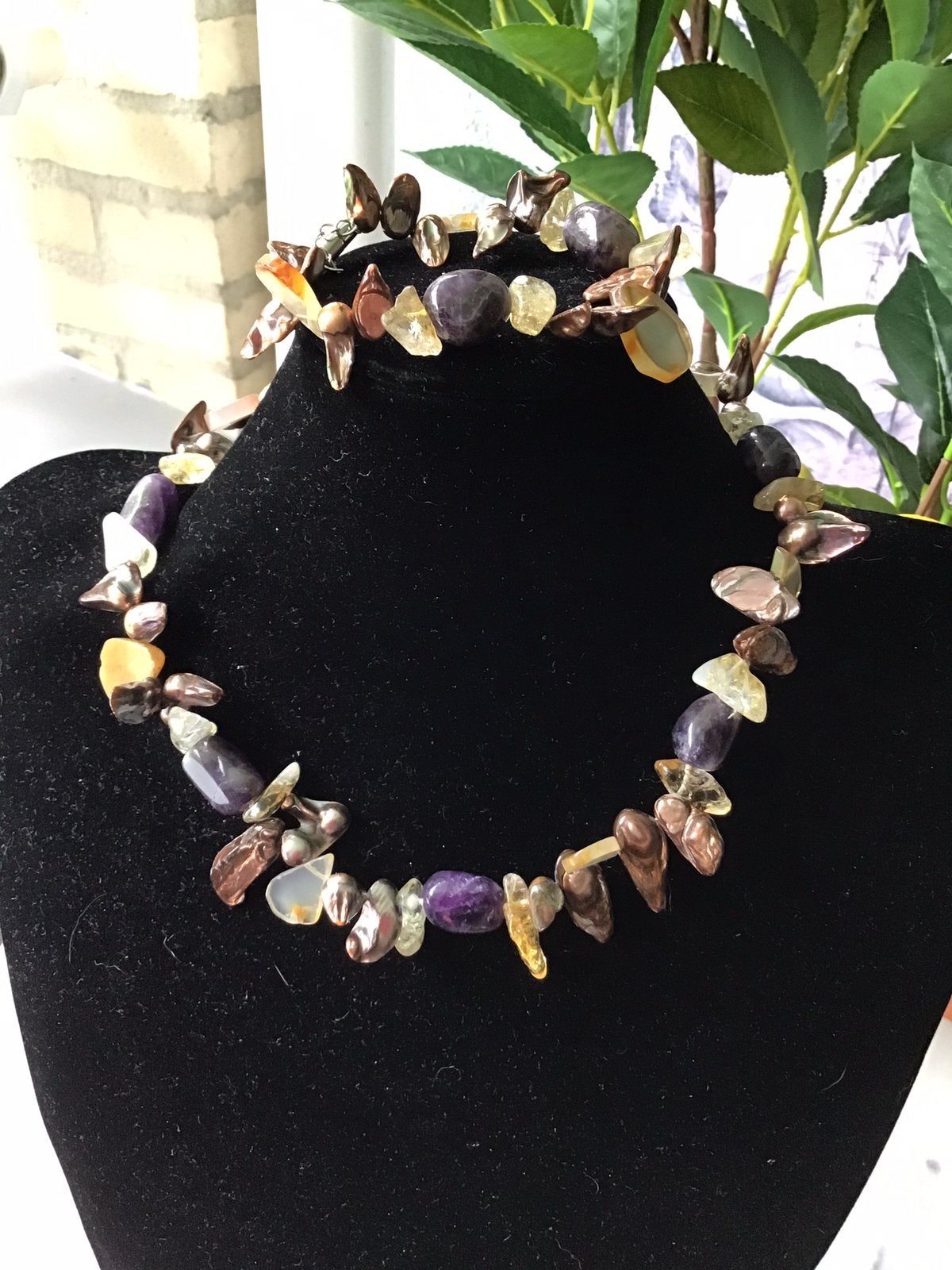 Parel ketting met amethist agaat kwarts + armband, Verzenden, Zo goed als nieuw