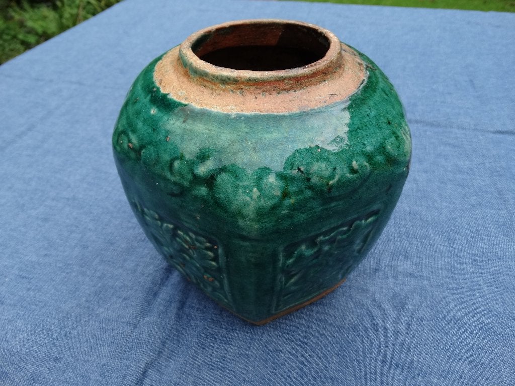 Antieke vrij grote groene gemberpot, 6 kantig, Shiwan, China, Antiek en Kunst, Ophalen of Verzenden