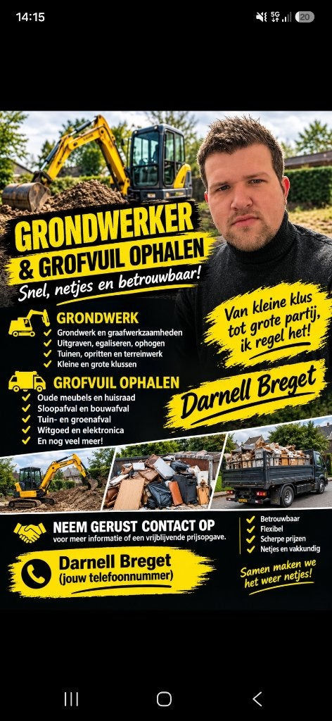 Grofvuil  ophalen  dienst  stratenmaker  grondwerker, Tuin en Terras, Ophalen of Verzenden, Nieuw, Minder dan 10 m², Gras