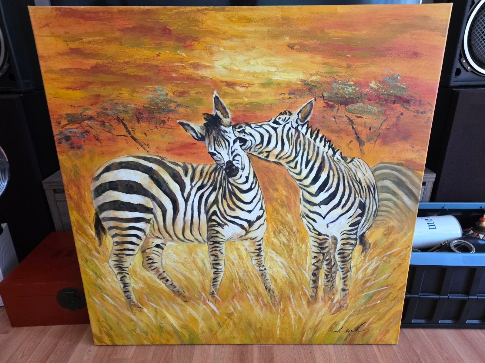 Schilderij Zebra's in de Savanne - 100x100cm, Ophalen of Verzenden, Dieren, Olieverf, Op houten frame