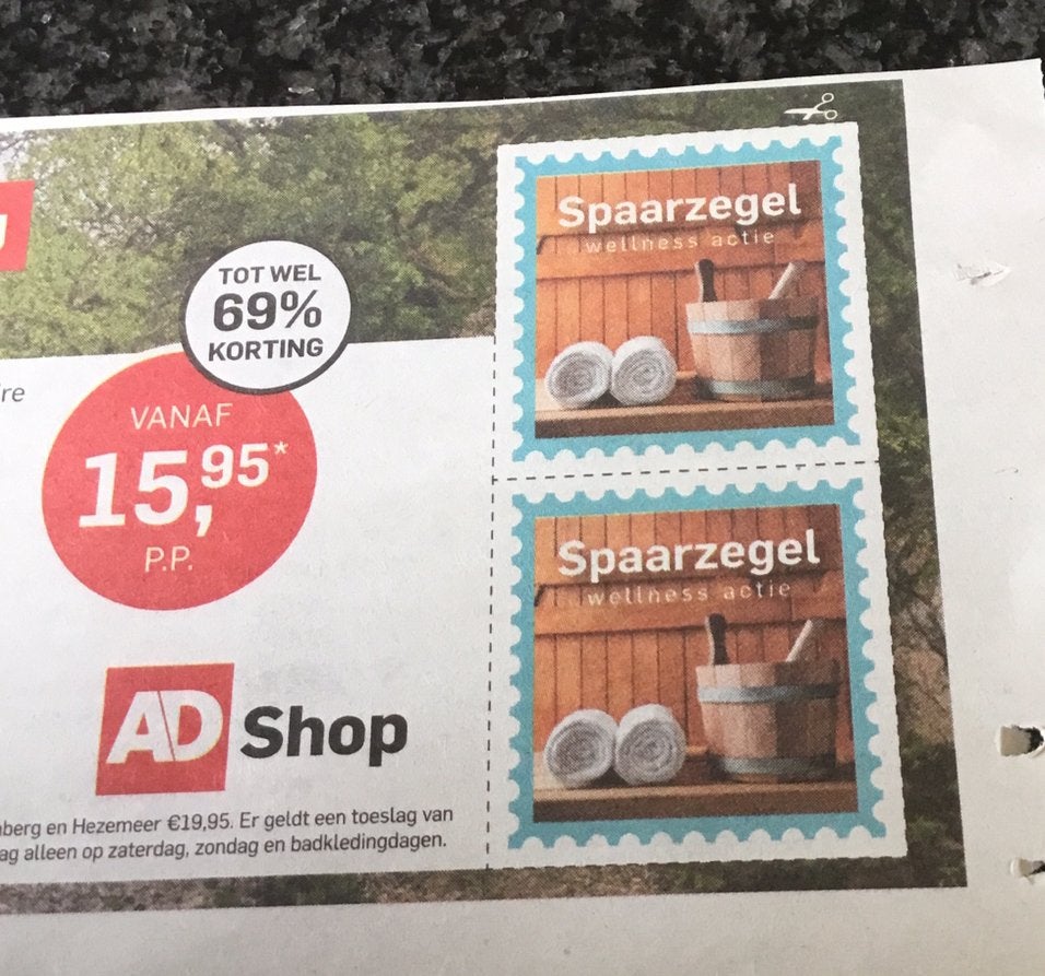 Wellness sauna zegels AD krantsparen dagje ontspannen, Ophalen of Verzenden, Overige soorten, Zegels, Bonnen of Punten