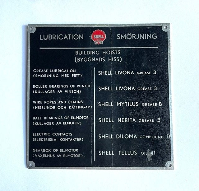 Vintage Shell smeeeradviesplaat voor bouwliften, Verzamelen, Verzenden, Zo goed als nieuw, Reclamebord