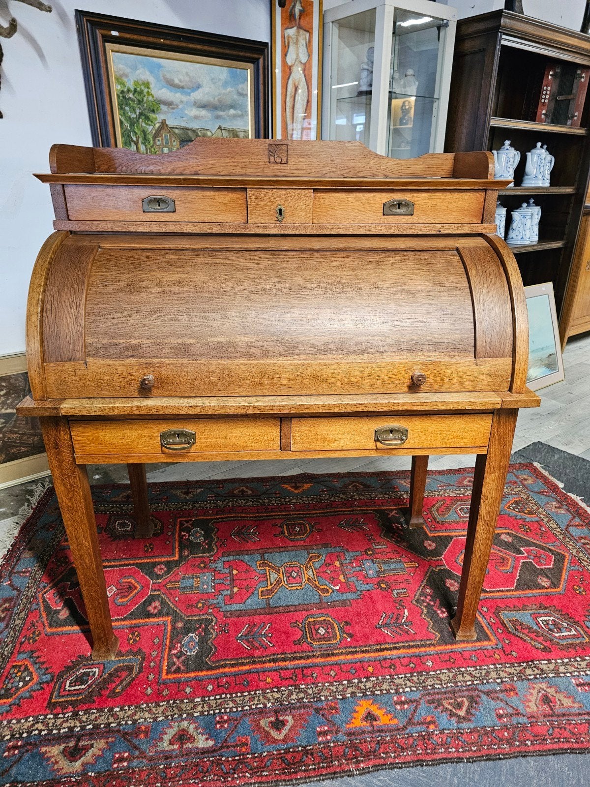 Antieke eikenhouten secretaire met rolluik - 125x110x63 cm, Met lades, Gebruikt, Hout, Secretaire
