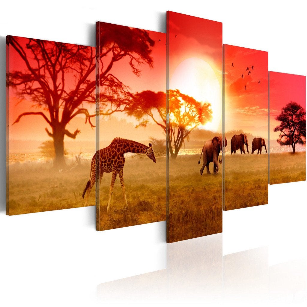 220 Afrika Giraffe Olifant 5 Luik Canvas Schilderij 200x100, Ophalen of Verzenden, Dieren