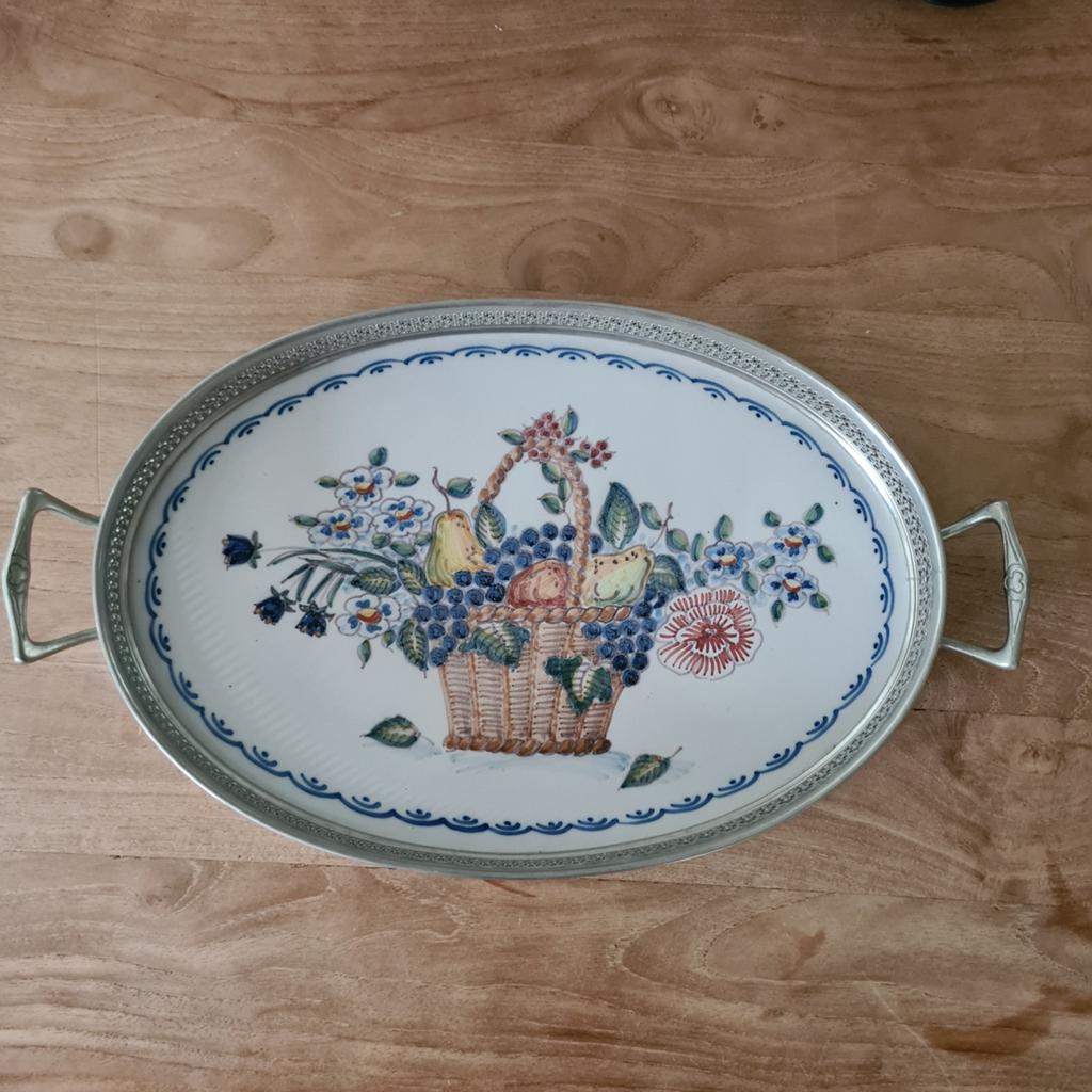 Kurz Edeltin handbeschilderd dienblad met tinnen, Antiek en Kunst, Ophalen of Verzenden