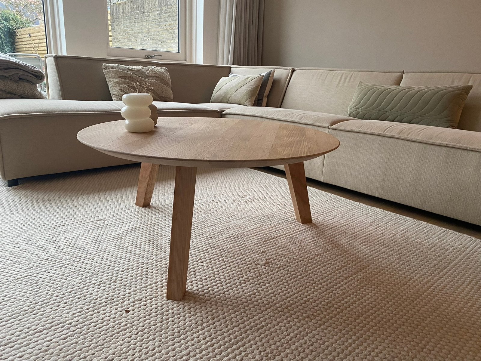 Nieuw massief eiken ronde salontafel, modern, industrieel, Huis en Inrichting, Ophalen, 50 tot 100 cm, Nieuw, Nieuw massief eiken, organisch, rond