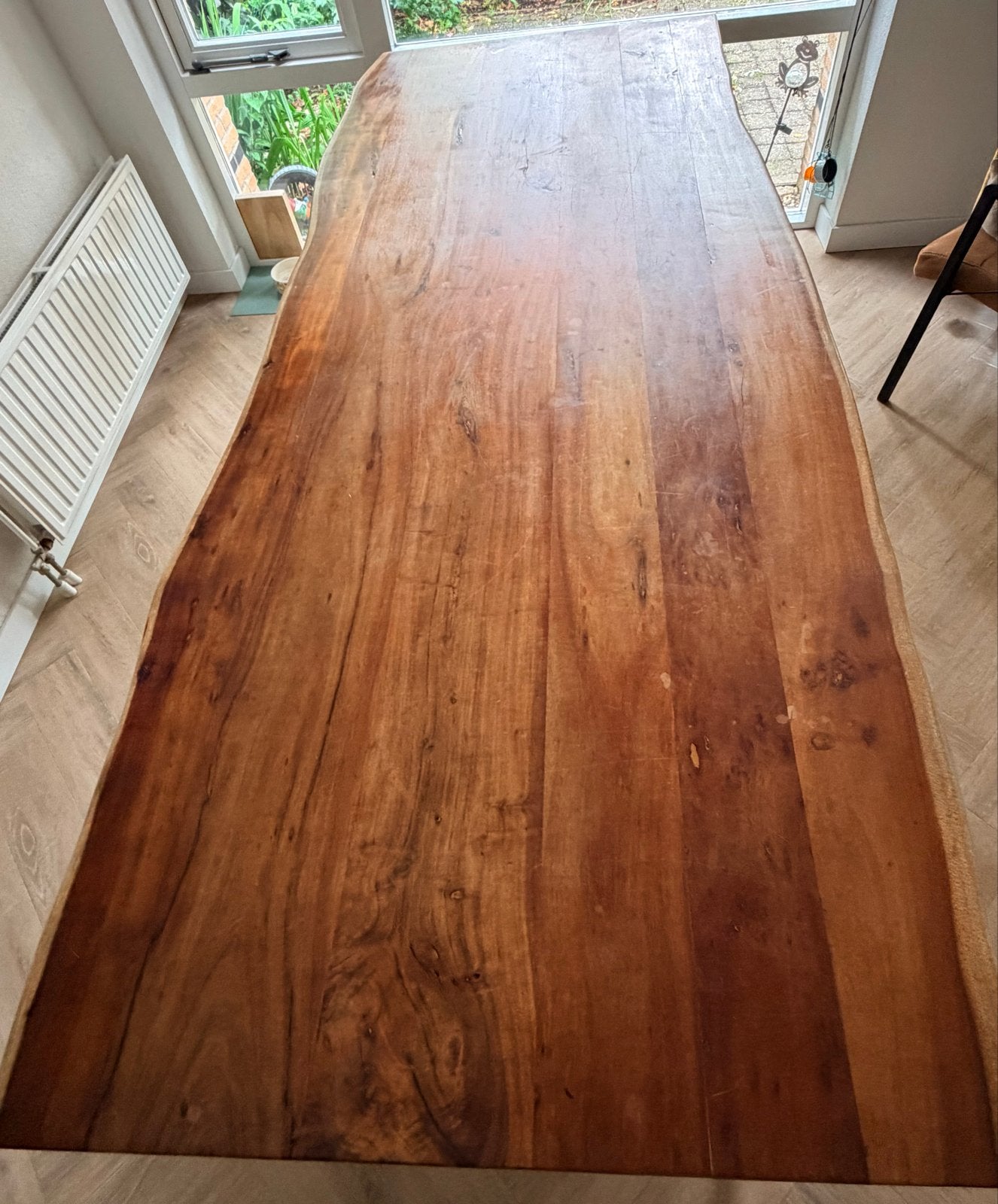 Massief houten boomstam eettafel met metalen onderstel, Ophalen, 200 cm of meer, 50 tot 100 cm, Zo goed als nieuw