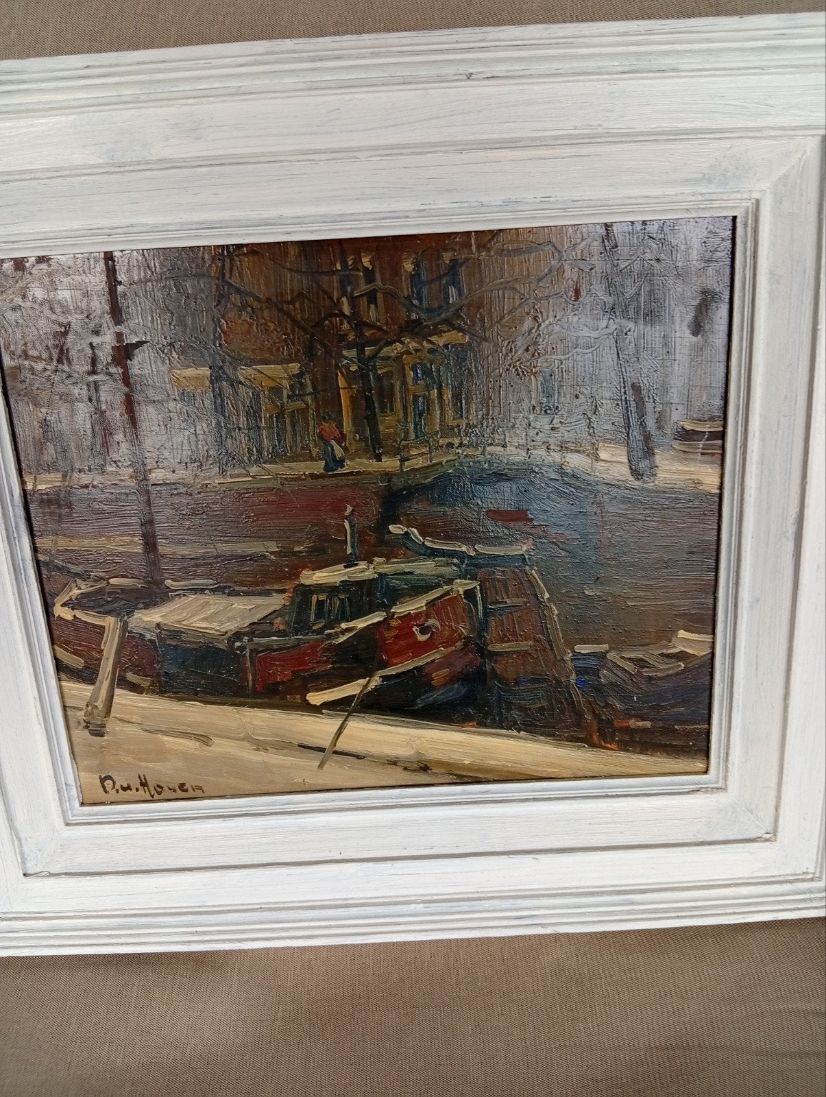 Olieverfschilderij gracht met boten gesigneerd D.van  Hoven, Ophalen of Verzenden