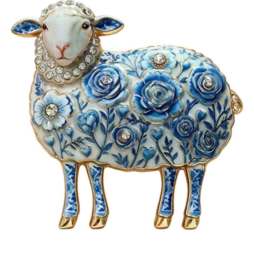 Nieuwe Broche Schaap met Blauwe Bloemen en Strass, Ophalen, Overige materialen, 4 tot 7 cm, Blauw