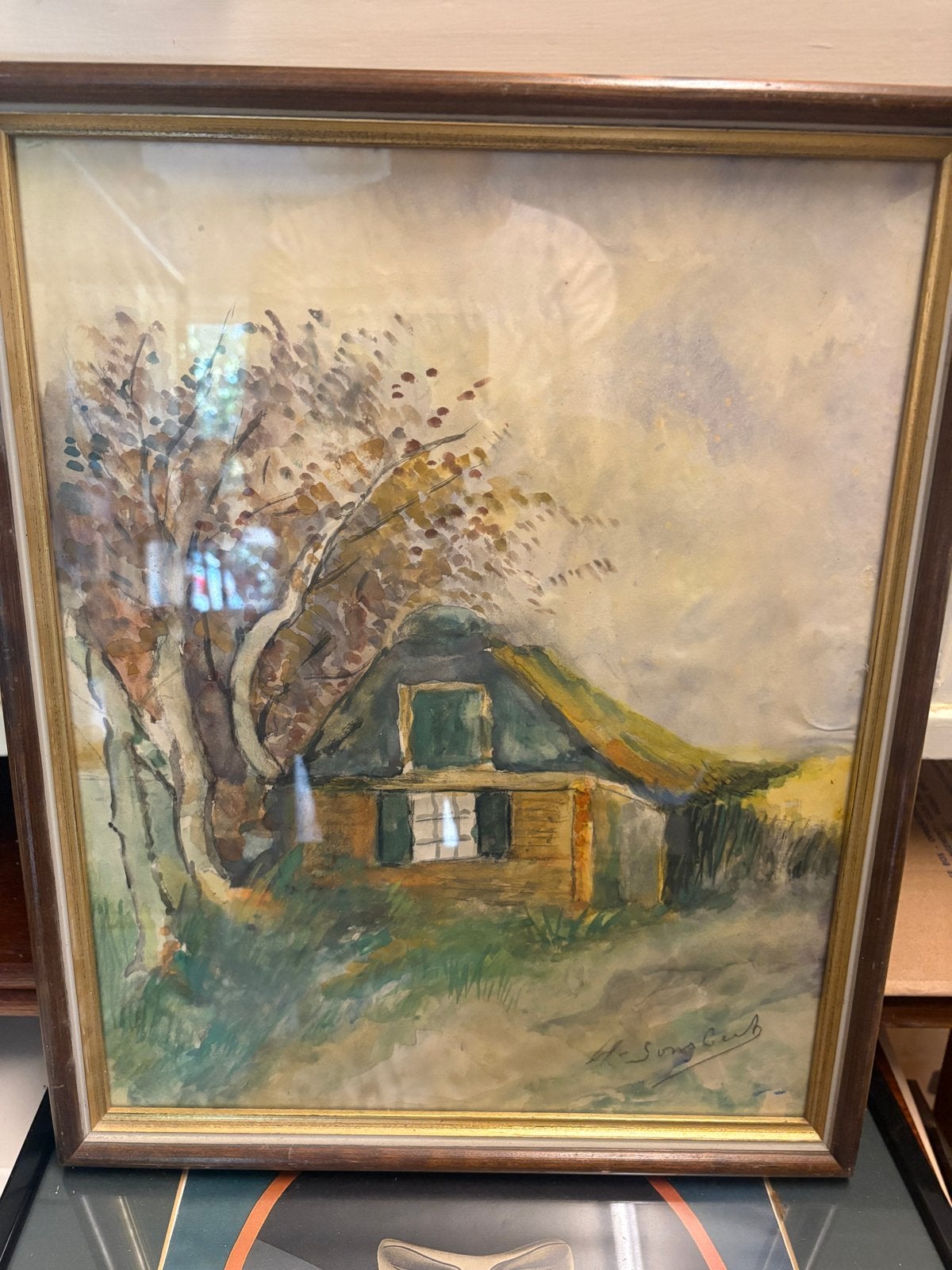 Oud Hollandse boerderij aquarel, gesigneerd, Antiek en Kunst, Kunst | Schilderijen | Klassiek, Achter glas, Oud hollands, Ophalen of Verzenden