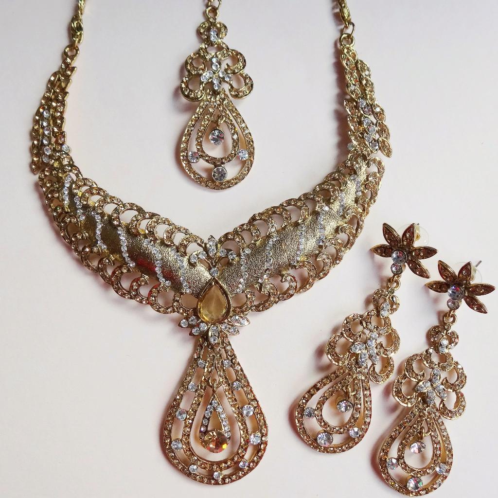 Feest setje, ketting en oorbellen, bruidsjurk sieraden, Overige materialen, Nieuw, Goud, Verstelbaar