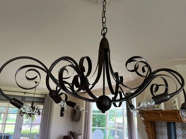 2x hanglamp met bijbehorende wandlamp, Ophalen, Zo goed als nieuw, Metaal, E14 (klein)