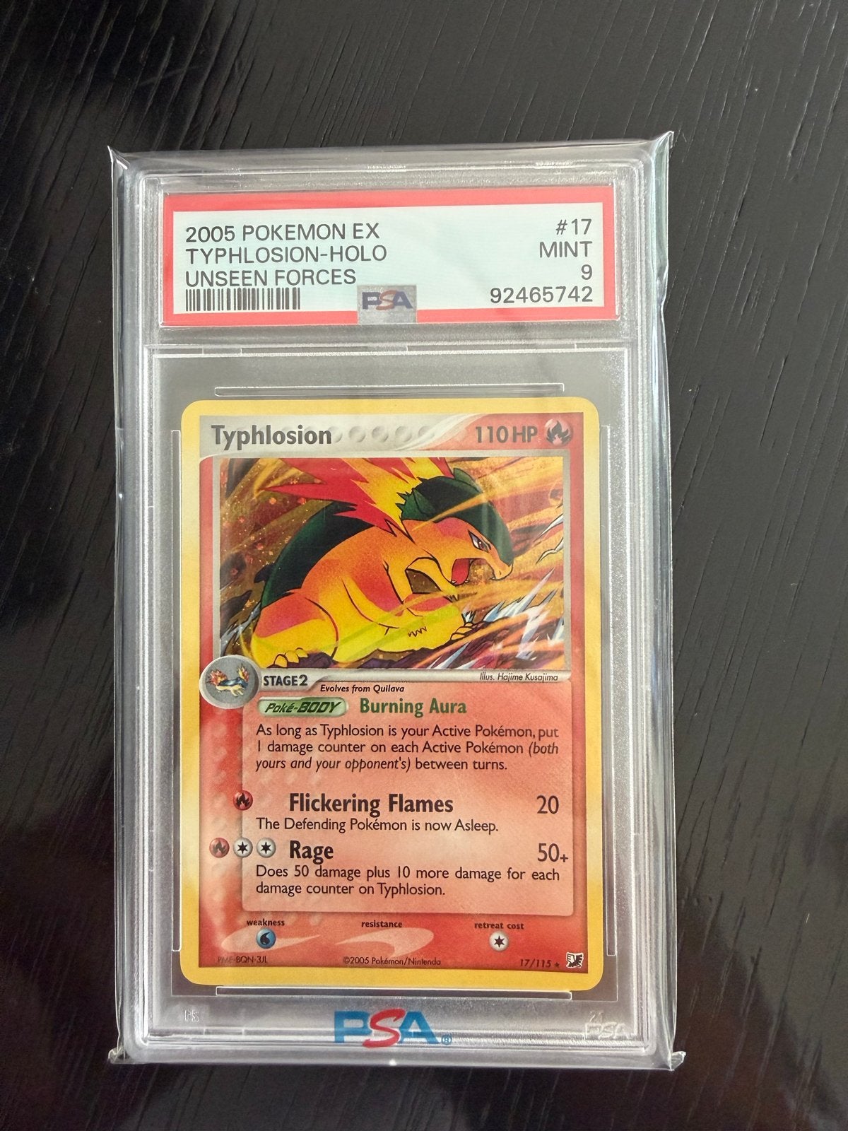 Typhlosion ex PSA 9 MINT 2005 Pokemon Holo Unseen Forces, Ophalen of Verzenden, Zo goed als nieuw, Losse kaart, Foil