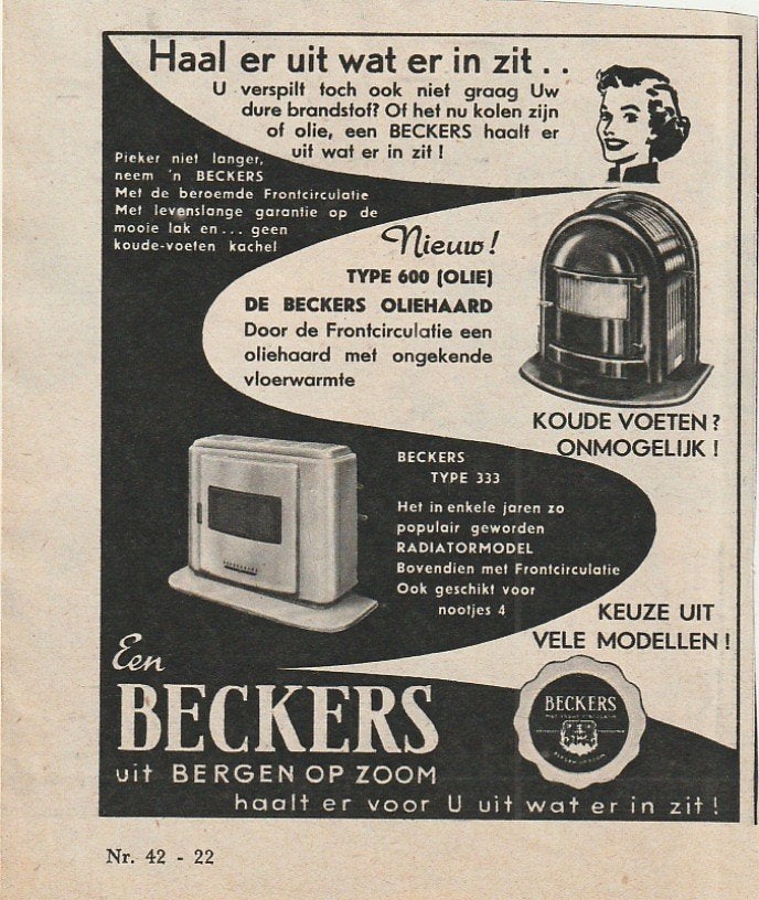 retro reclame 1958 Beckers Bergen op Zoom 2 soorten kachels, Verzenden, Overige typen