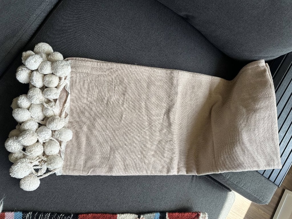 Plaid/sprei met pompons, Woondeken, 120 cm, 140 cm, Beige