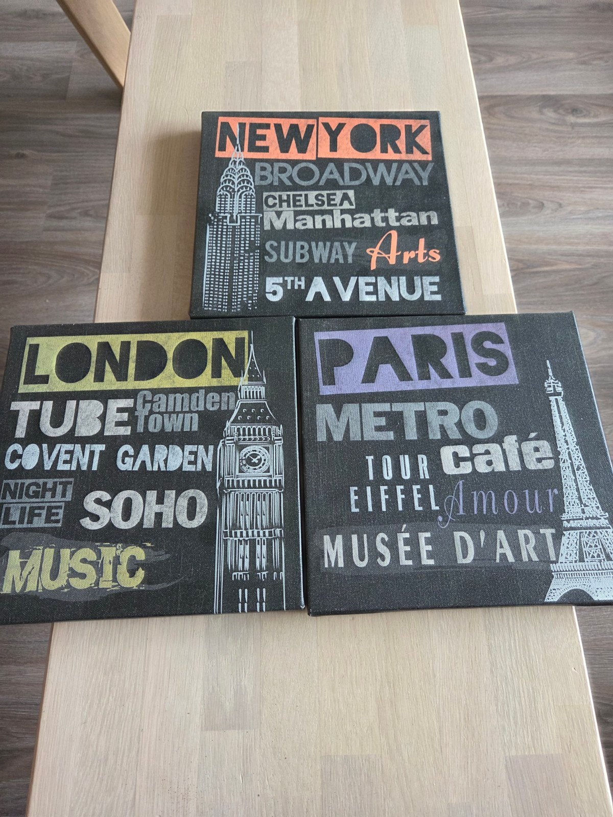 Set van 3 wanddecoraties: New York, Londen, Parijs, Gebruikt, Meerkleurig, Textiel, Ophalen of Verzenden
