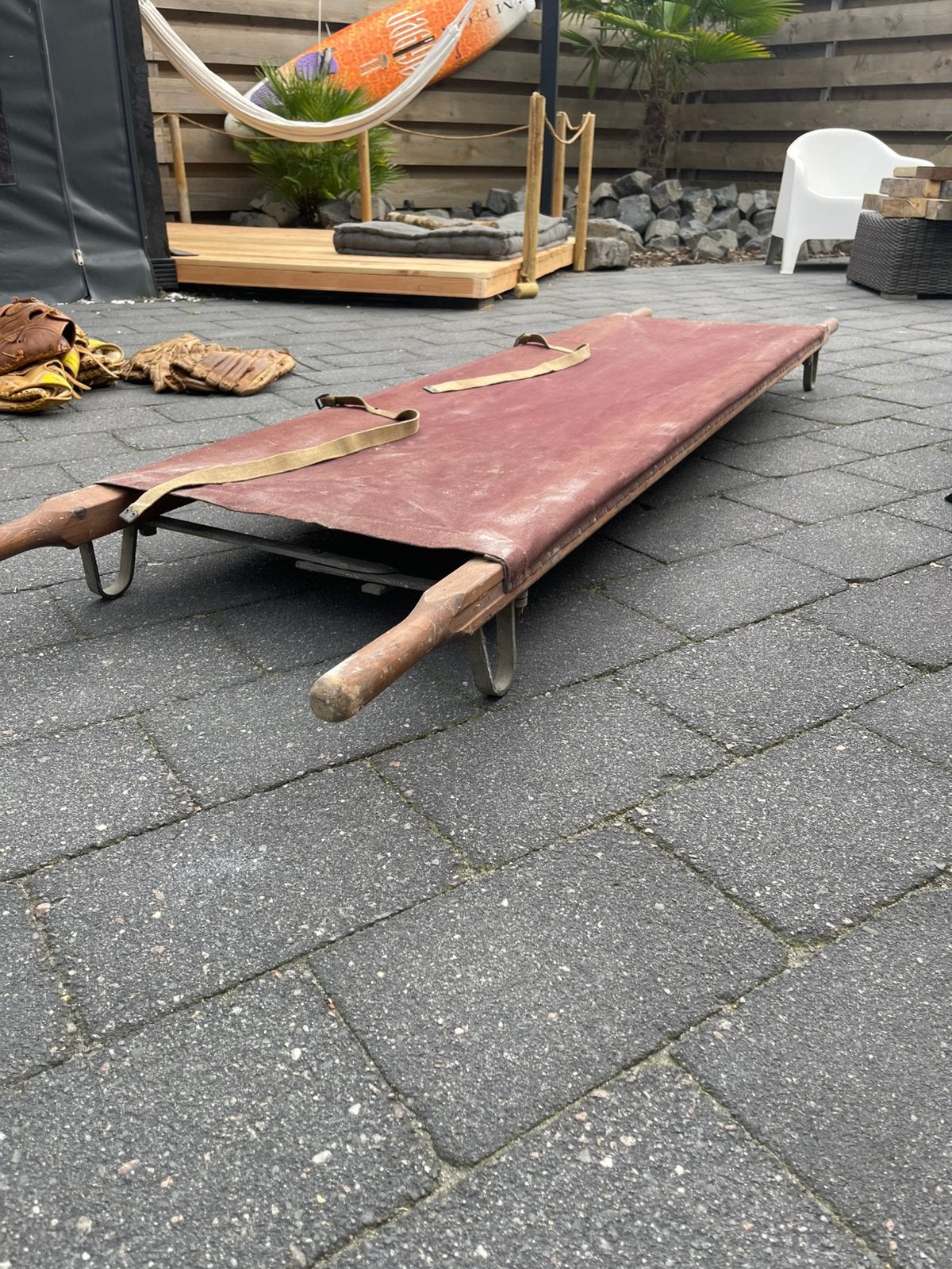 Oude vintage brancard – houten frame & canvas, Ophalen, Gebruikt, 200 cm of meer, Minder dan 100 cm