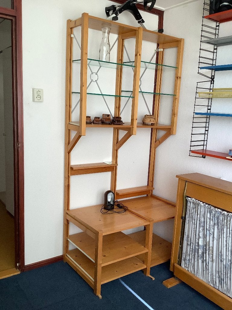 Houten wandmeubel met glazen planken, Ophalen, Gebruikt