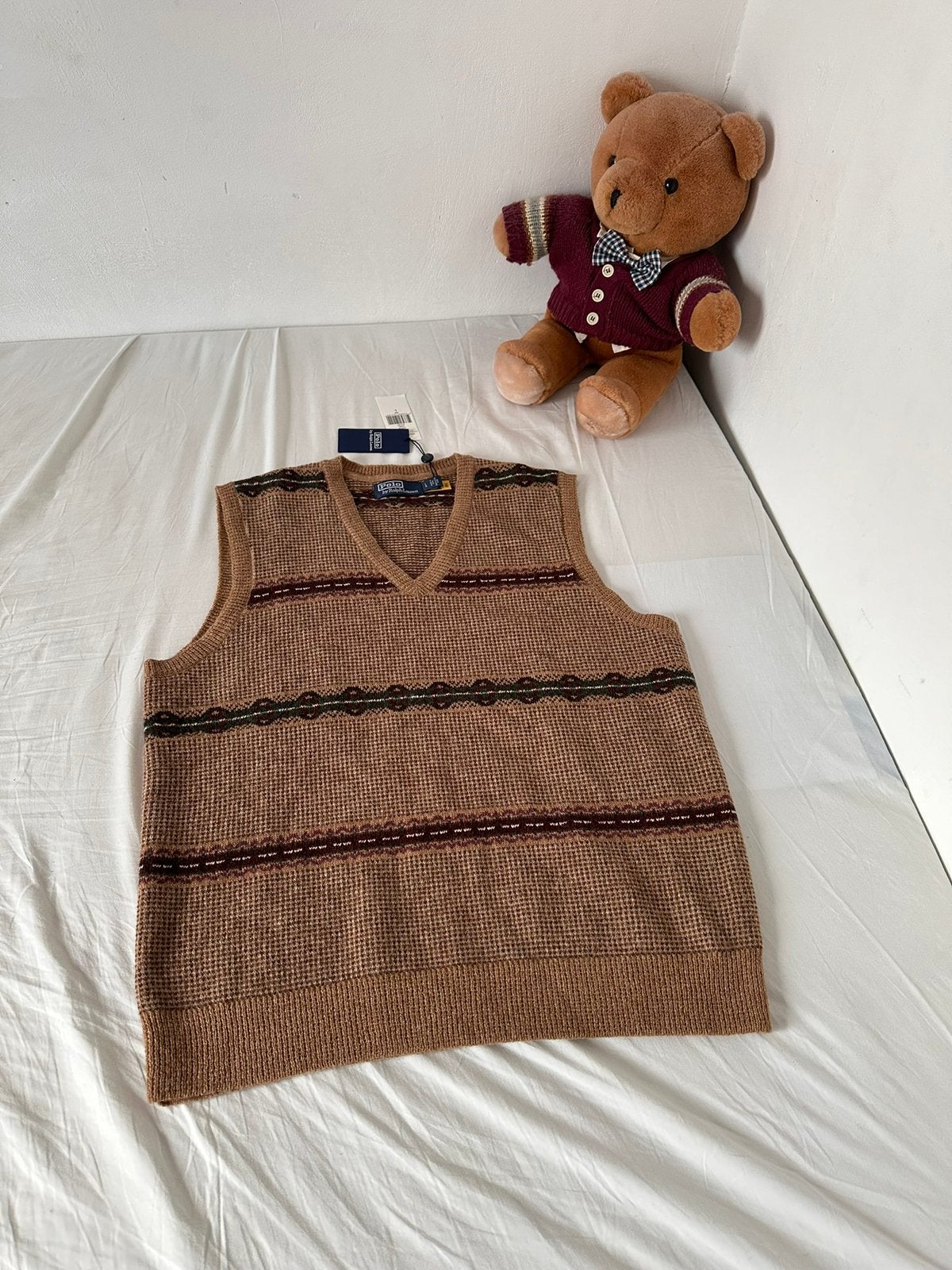 Nieuwe Ralph Laurwn faire isle v-neck knitted spencer, Maat 52/54 (L), Bruin, Ralph Lauren, Nieuw