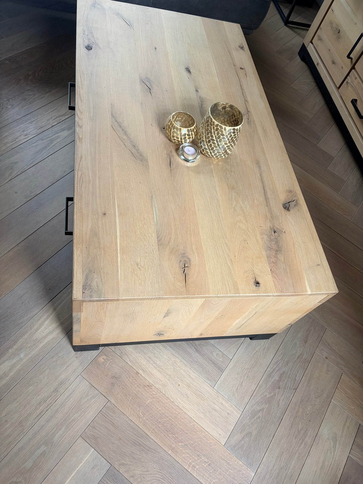 Robuuste eikenhouten salontafel met lades, Huis en Inrichting, Tafels | Salontafels, Ophalen, 100 tot 150 cm, Eikenhout, 50 tot 100 cm