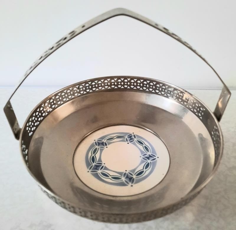 Art-Deco nikkel fruit/koekjes schaal met aardewerk tegel, Antiek en Kunst, Antiek | Keramiek en Aardewerk, Ophalen of Verzenden