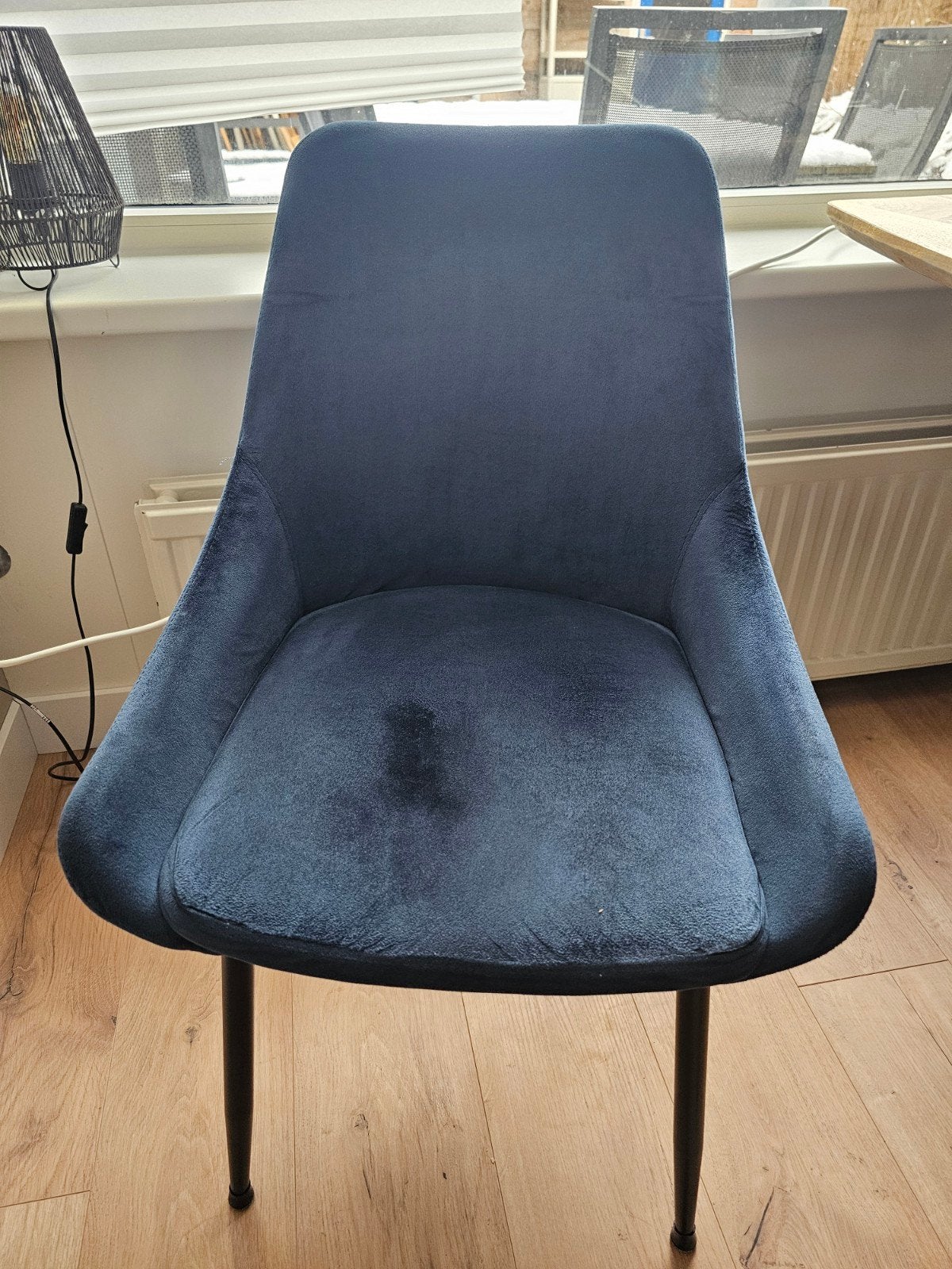 6 blauwe eetkamerstoelen, Gebruikt, Blauw, Ophalen of Verzenden, Metaal
