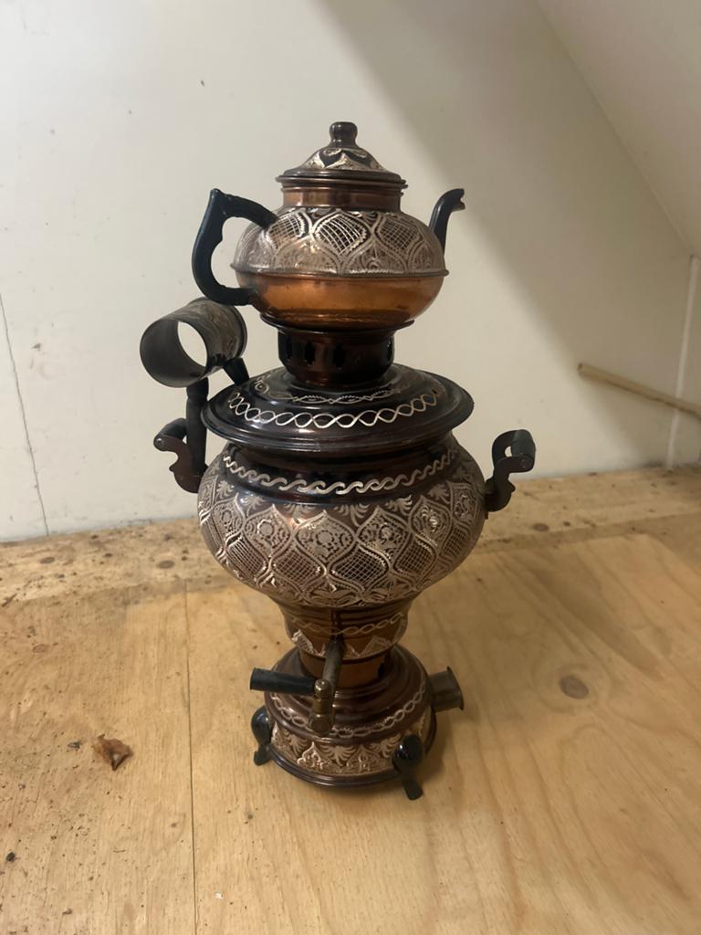 Antieke Samovar Theepot - Koper met Zilveren Details, Ophalen of Verzenden
