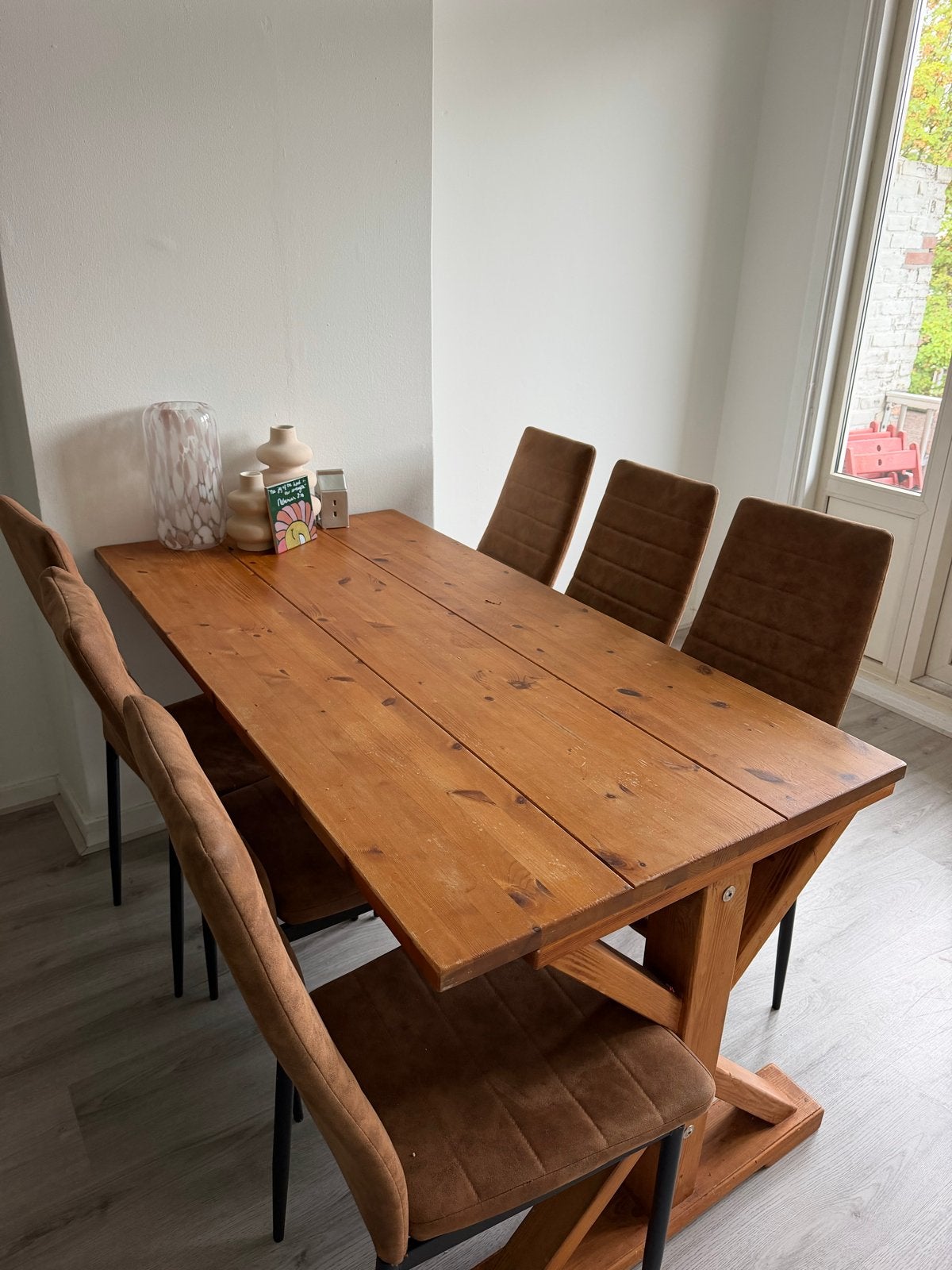 Houten eettafel met 6 stoelen, Huis en Inrichting, Ophalen, Gebruikt, 100 tot 150 cm, 50 tot 100 cm