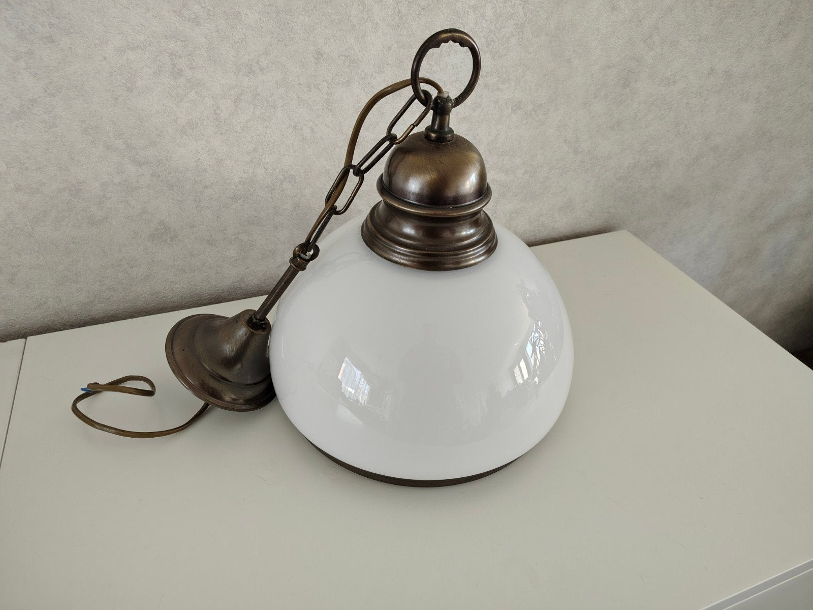 Vintage Jaren '70 Plafond Hanglamp - Wit Glas & Brons, Huis en Inrichting, Ophalen of Verzenden, Gebruikt, Glas, Vintage