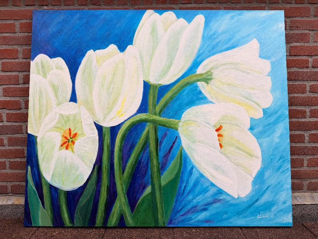 Schilderij  met witte tulpen 120 x 100 mm, Ophalen, Textiel, Olieverf, Bloemen