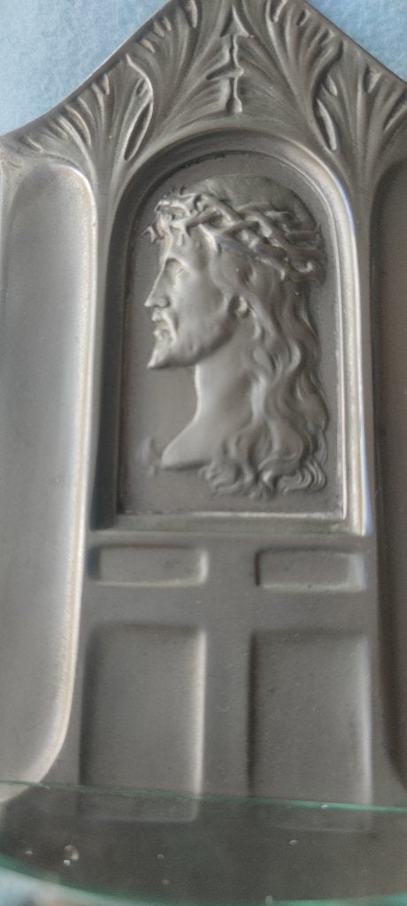 925 Oud Metalen wijwatervaatje Christus genummerd, Verzamelen, Ophalen of Verzenden, Gebruikt, Overige typen, Christendom | Katholiek