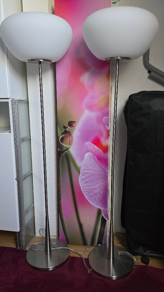 2 dimbare vloerlampen, Ophalen, E27 (groot), Zo goed als nieuw, Glas