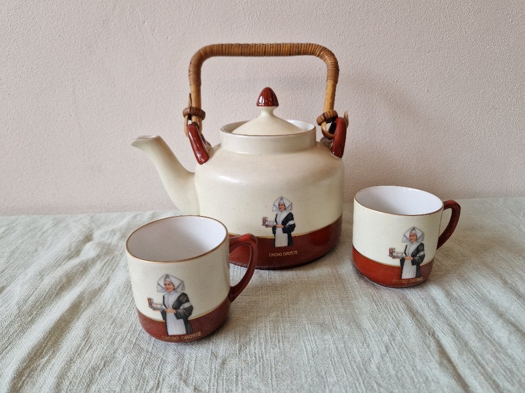 Vintage Droste cacao theepot met 2 bekers, reclameservies, Ophalen of Verzenden, Gebruikt, Overige, Droste